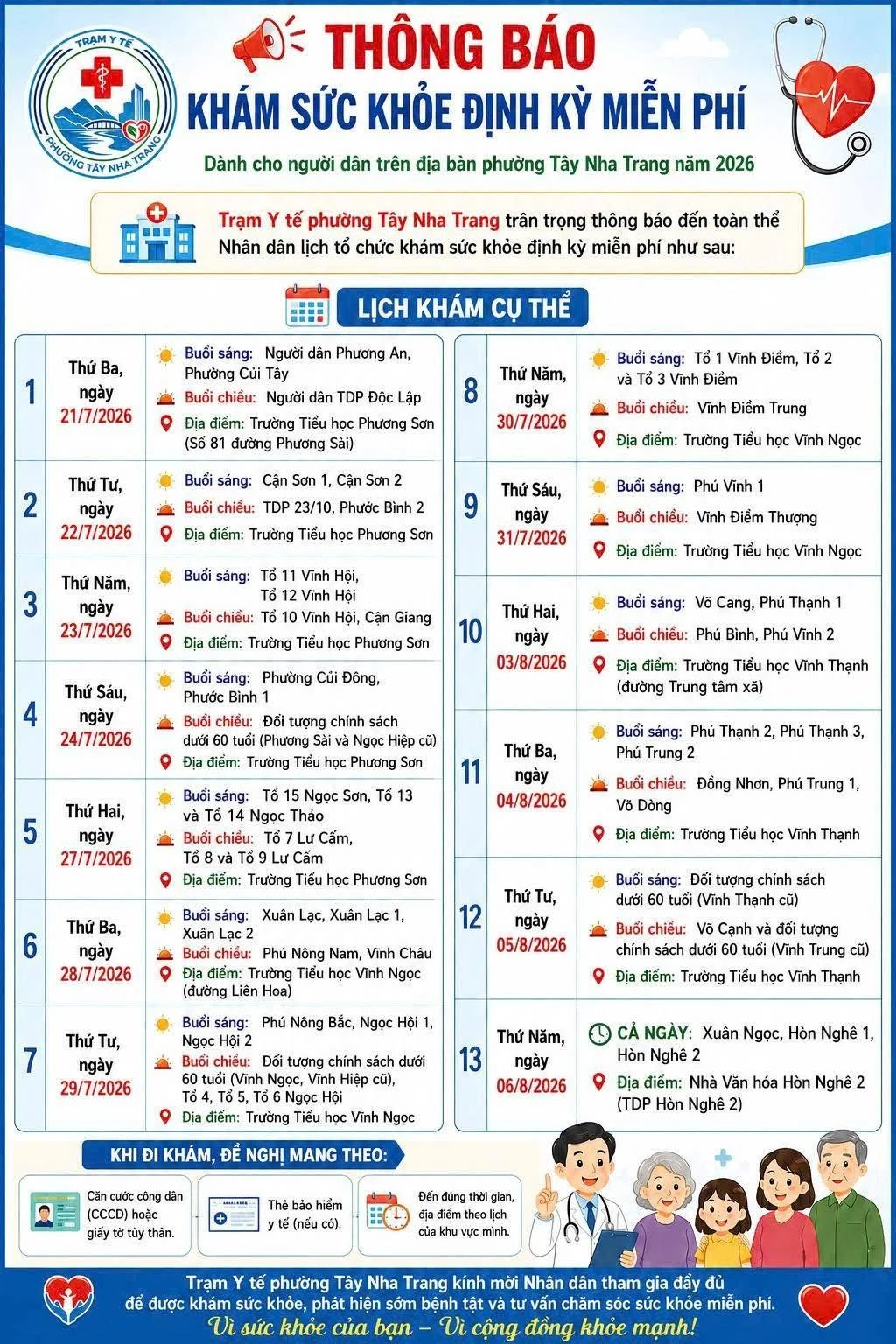 Lịch khám chi tiết tháng 7–8/2026